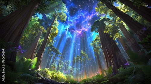 Fototapeta Naklejka Na Ścianę i Meble -  Lush forest canopy bathed in magical light.