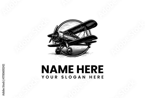 Vintage Biplane Logo Design with Circle Background for Aviation Enthusiasts