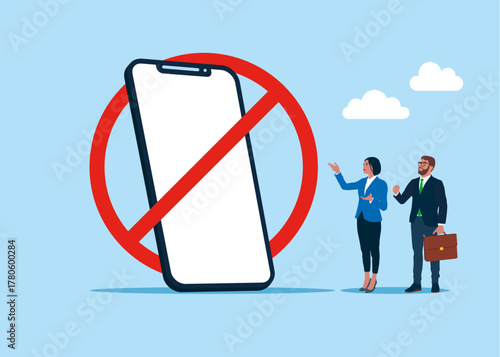 Mobile phone with prohibition sign. Using the phone is prohibited. Vector flat illustration