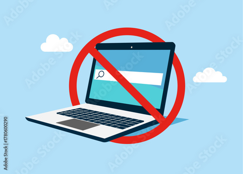 Laptop with prohibition sign. Using the computer is prohibited. Vector flat illustration