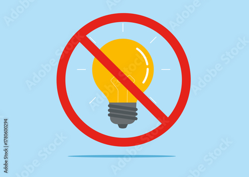 Light bulb is prohibited. Stop or ban red round sign with light bulb. Vector flat illustration