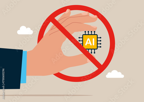 Artificial intelligence with prohibition sign NO. AI chip, machine learning, analysis information. Digital brain with neural network. Chatbot. Artificial intelligence concept. Vector flat illustration