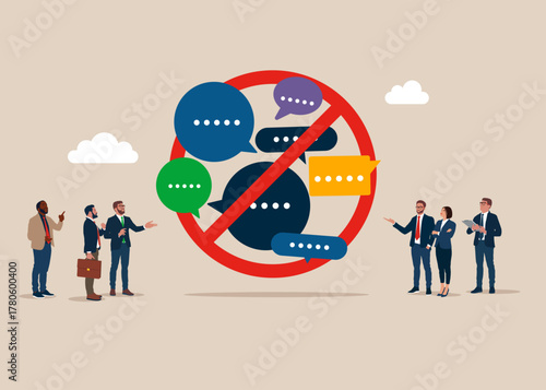 Do not write messages to the chat. Message with prohibition sign NO. No chat symbol. Vector flat illustration