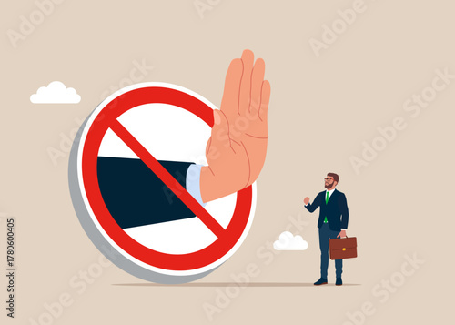 Hand showing stop. Restriction of rights and freedoms, legislative prohibition laws and rules. Vector flat illustration