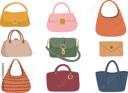 Assorted Handbags and Purses in Various Colors and Styles Keywords: handbag, purse, bag