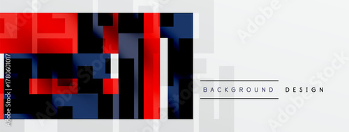 Abstract geometric pattern. Red, navy, silver squares overlap white space. Minimalist design suggests modern aesthetic.