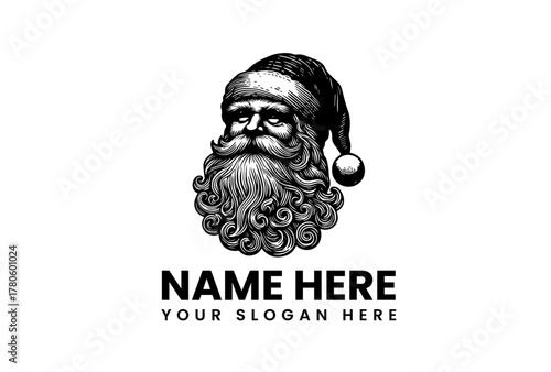 Classic vintage Santa Claus head in a hand-drawn engraving style. A retro Christmas character portrait illustration perfect for a logo or emblem design