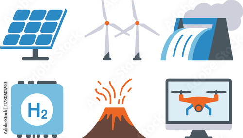 Icons of renewable energy, hydrogen, volcano and drone technology Keywords: solar panel, wind