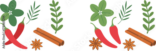 Red Chili Peppers Cinnamon Sticks Star Anise and Green Leaves Keywords: red chili pepper