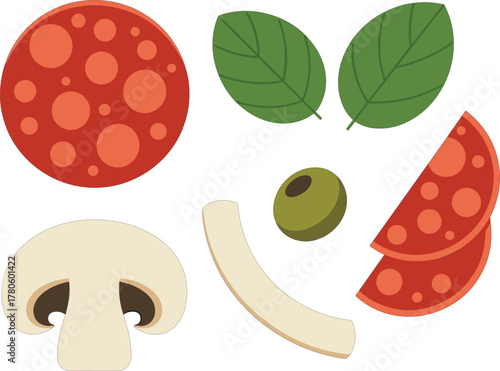 Sliced Salami Mushroom Basil Leaves and Olive Keywords: salami, mushroom, basil leaf, olive