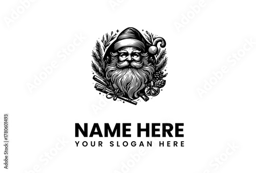 Monochrome vector illustration of a classic Santa Claus head with a festive wreath. Detailed vintage emblem for a Christmas logo design with editable text space