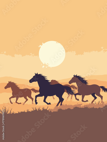 Wild mustang herd — dynamic group galloping across playa, dust trail and low sun rimlight, palette: ochre, smoke gray, amber