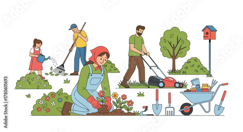 People Gardening Together Illustration, Gardening Activities Collection