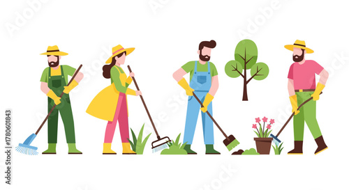 Gardening Team Diverse Gardeners Engaged in Various Gardening Tasks in a Vector Illustration