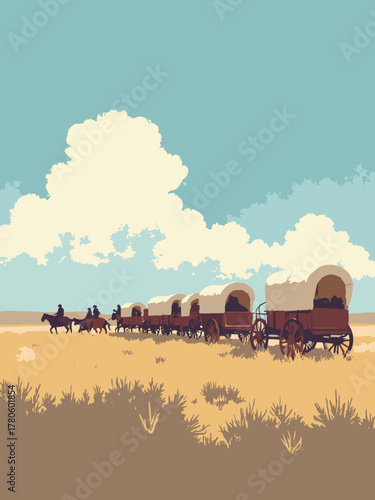 Pioneer wagon train — line of covered wagons crossing prairie under big sky, panoramic composition, palette: prairie gold, sky blue, rust