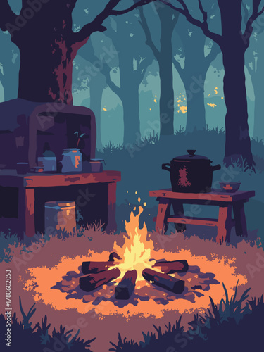 Chuckwagon kitchen still life — cast-iron pot, coffee tin, campfire ring on prairie floor, warm glow, palette: ember, soot, burlap