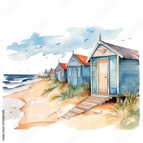 Watercolor painting of picturesque seaside scene with a row of charming beach huts. Colorful huts, painted in a variety of pastel hues, line the sandy beach with gentle waves lapping at the shore