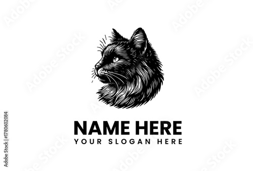 Elegant black and white cat head illustration, a detailed feline portrait in vintage engraving style, perfect as a stylish animal logo or iconic design element