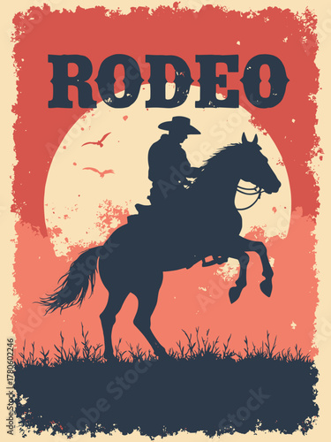 Vintage rodeo poster — hand-lettered script area, decorative rope border, bucking horse vignette, palette: faded red, parchment, black