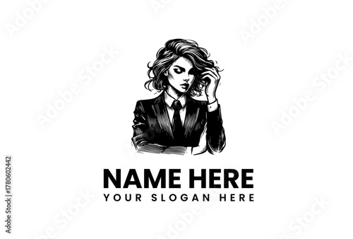 Elegant and stylish woman in a business suit, a powerful and sophisticated logo design for a modern brand identity, embodying confidence and allure in a striking monochrome illustration