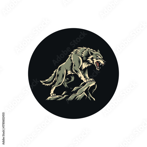 Graphic vector illustration A fierce wolf standing on a rocky cliff, perfect for t-shirt designs, sports logos, outdoor branding, and mascot-style artwork.