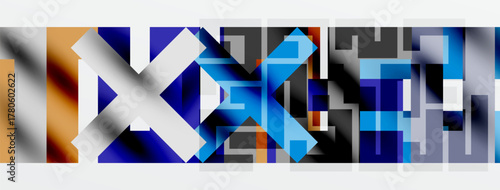 Abstract geometric composition. Blue, gray, orange hues dominate. Shapes overlap creating complex visual texture. Modern design element.