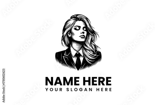 Elegant hand-drawn portrait of a beautiful woman with closed eyes in a formal business suit, a classic monochrome mascot design. 34.eps graphic
