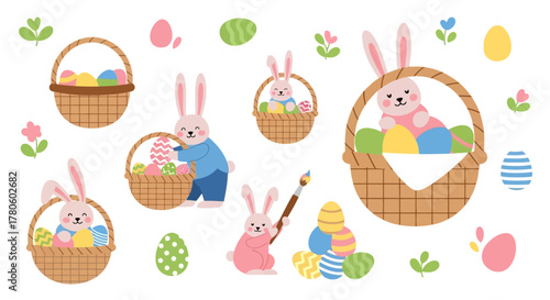 Collection of cute Easter bunnies and decorative eggs vector illustration set for holiday design