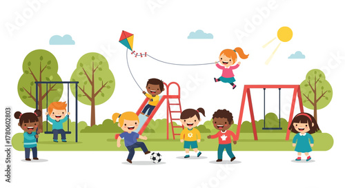 Happy children playing with kite and football on playground with swings and slide