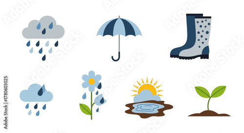 A vibrant collection of weather and spring-themed graphic elements, depicting rainy days, protective gear, and natural growth illustrations