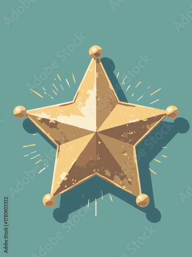 Chromed sheriff star — polished brass badge with radial sunburst and halftone shadow, retro teal backdrop, no people