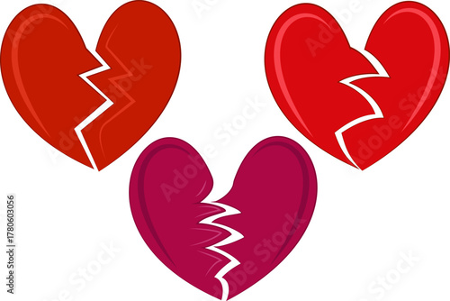 Dramatic vector clip art of three glossy broken hearts in shades of red and magenta, symbolizing sadness, heartbreak, and relationship pain for anti-Valentine's use.