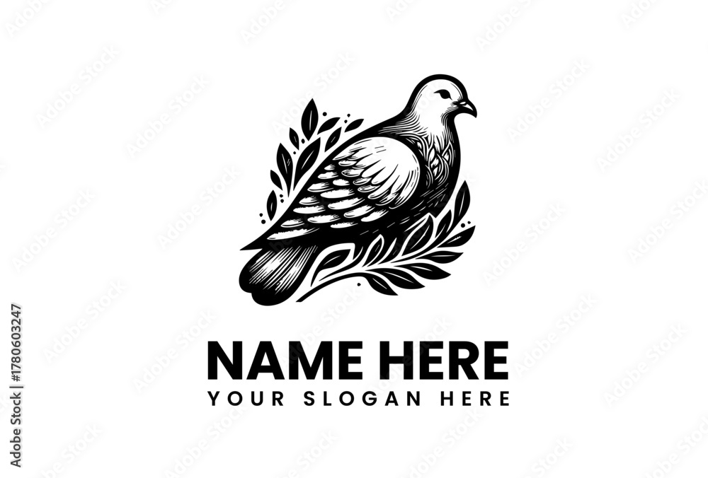 Obraz premium Elegant Dove Logo Template with Foliage Ornament for Peaceful Branding