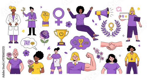 Collection of feminist icons and empowered women characters celebrating sisterhood and gender equality. Vector illustration set