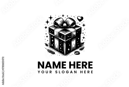 Charming black and white logo illustration of a festive gift box with a ribbon bow, surrounded by sparkles and a heart. Hand-drawn vintage style present icon for brand identity. Vector 59.eps