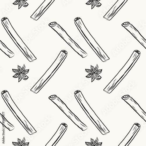 Cinnamon sticks bark in seamless pattern. Hand drawn brown spice in decorative ornament. Rolled cinnamons spicy seasoning condiment. Aromatic ingredient for cooking, backing, food. Vector illustration