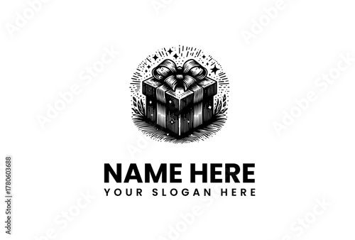 Festive Gift Box Logo Design with Sparkles and Stars for Celebration and Special Occasions