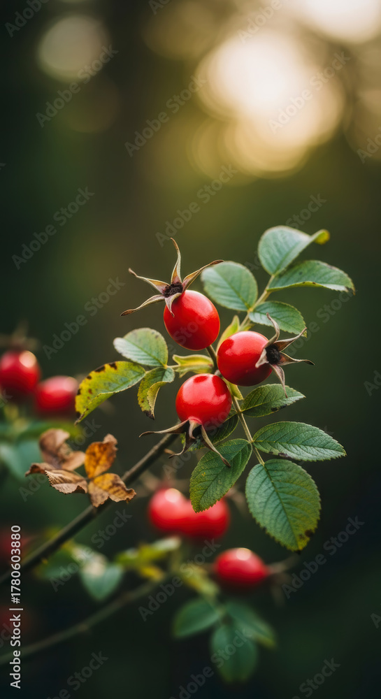 Obraz premium Vibrant Red Rosehip Berries on a Branch, Illuminated by Soft Golden Bokeh Light, perfect for Wallpaper