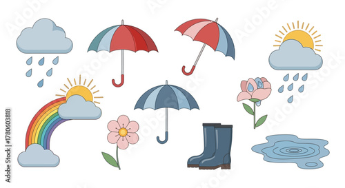 Whimsical spring and rainy day weather elements collection with vibrant umbrellas, cheerful clouds, a colorful rainbow, blooming flowers, and protective rain boots