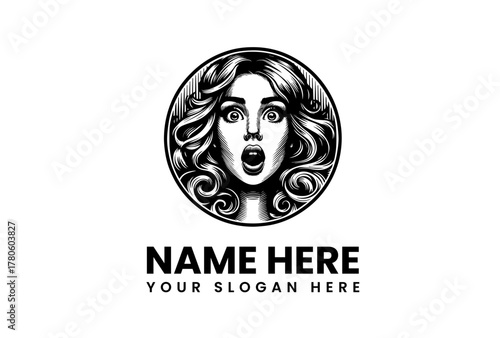 A detailed vintage monochrome illustration of a surprised woman with wide eyes and an open mouth. This retro pop art style portrait is perfect for a classic emblem or logo