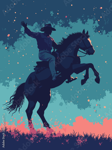 Retro rodeo poster: 'Night Roundup' — neon rimmed bronco silhouette with confetti halftone, indigo & coral, no people