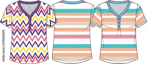 Colorful women's casual tops, zigzag pattern shirt, pastel stripe t-shirt, short sleeve fashion, summer wear, neckline detail, trendy prints, stylish ladies clothing
