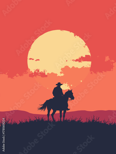 Lone rider outline — horse and rider against a giant blood-orange sunset, minimal horizon line, palette: crimson, black, gold