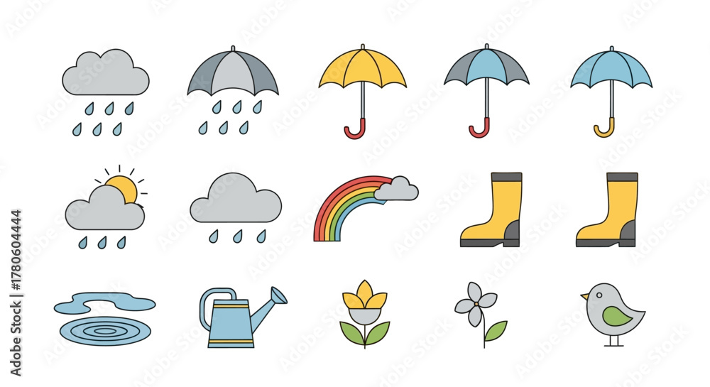 Fototapeta premium Collection of colorful spring weather icons including rain clouds, umbrellas, boots, watering can, flowers and a bird
