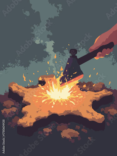 Ranch branding scene — iron brand hot-glow on hide texture with smoke tendrils and striker tool, palette: charcoal, ember, tan