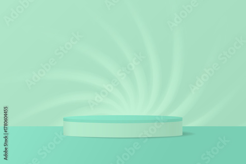 Mint green podium, abstract background with glowind swirl