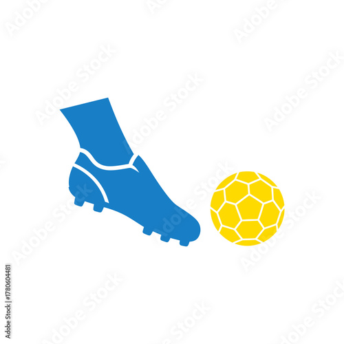 Blue cleated foot kicking yellow soccer ball on white surface in simple style, representing sports and activity.