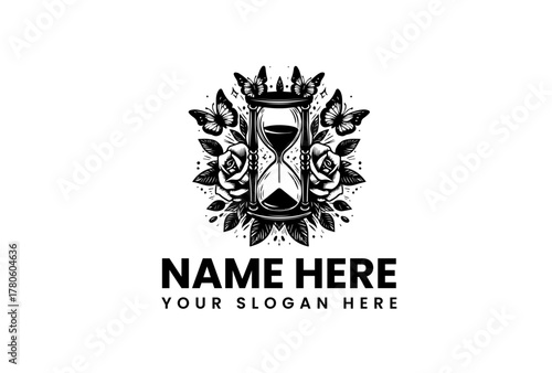 Intricate hourglass adorned with a majestic crown, blooming roses, and delicate butterflies, symbolizing timeless elegance and the ephemeral nature of beauty