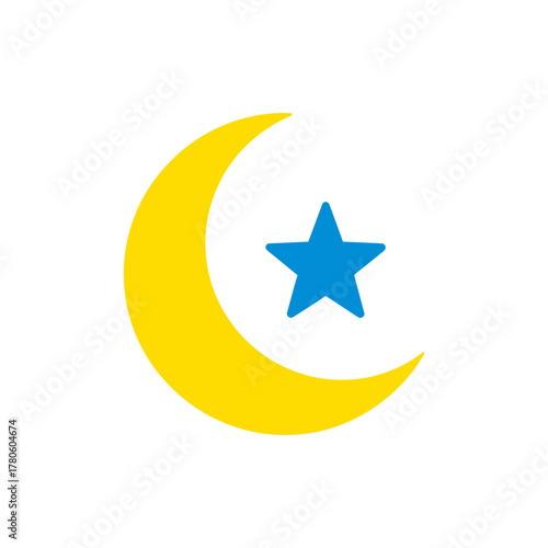Yellow crescent moon and blue star symbolize islamic faith and culture during ramadan on white backdrop, representing spirituality and tradition.