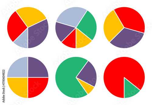 Set of multi colored pie charts, asset percentage charts. Simple flat vector set isolated on white background
